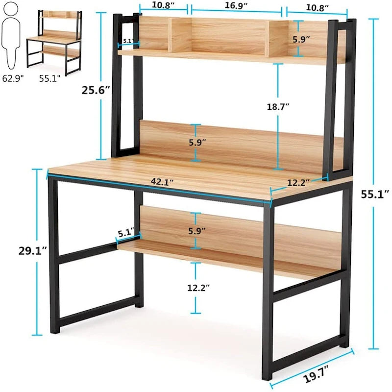 Computer Desk, Home Office Desk Study Desk with Hutch and Shelves 3
