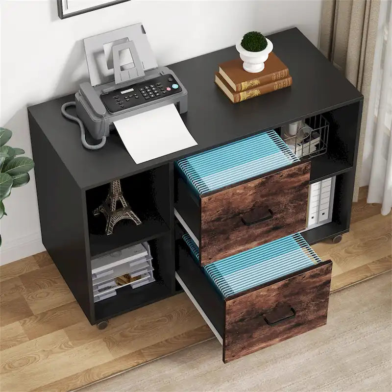 Black/ White Modern File Cabinet with 2 Drawers and 4 Open Shelves Wood Office Storage Cabinet 13