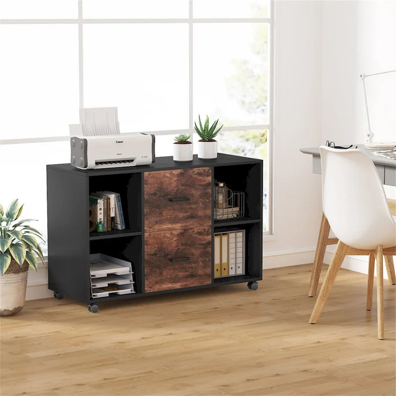 Black/ White Modern File Cabinet with 2 Drawers and 4 Open Shelves Wood Office Storage Cabinet 2