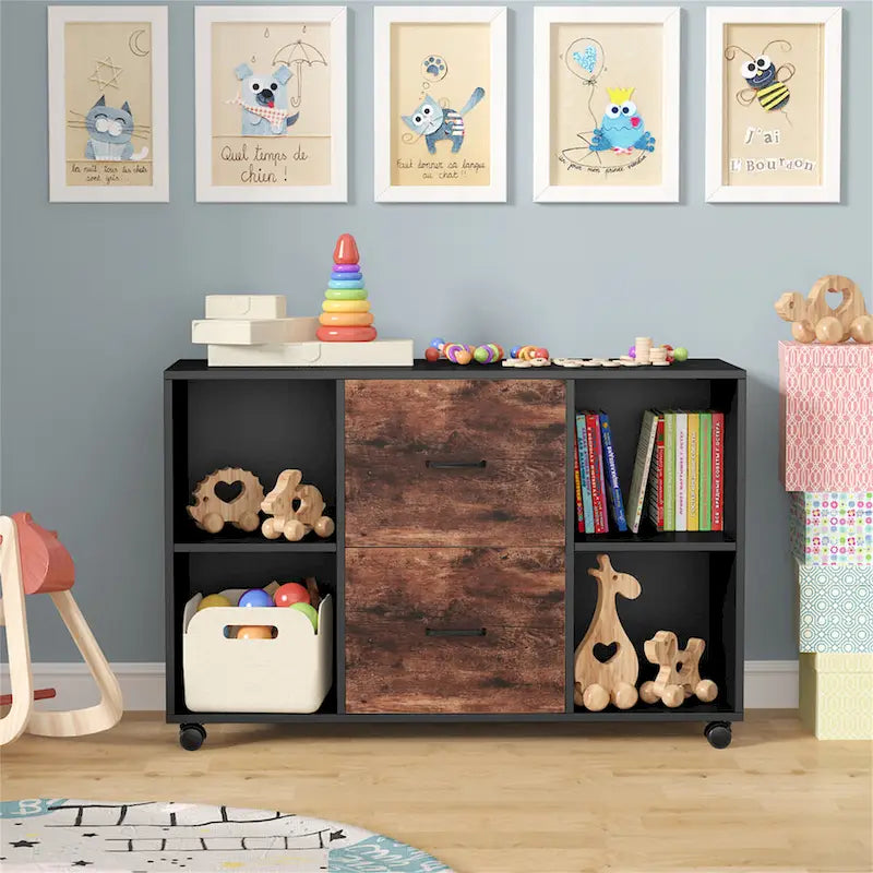 Black/ White Modern File Cabinet with 2 Drawers and 4 Open Shelves Wood Office Storage Cabinet 3
