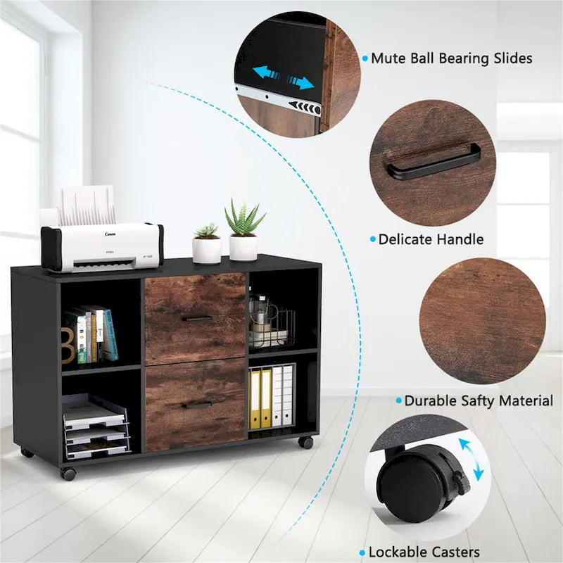 Black/ White Modern File Cabinet with 2 Drawers and 4 Open Shelves Wood Office Storage Cabinet 4