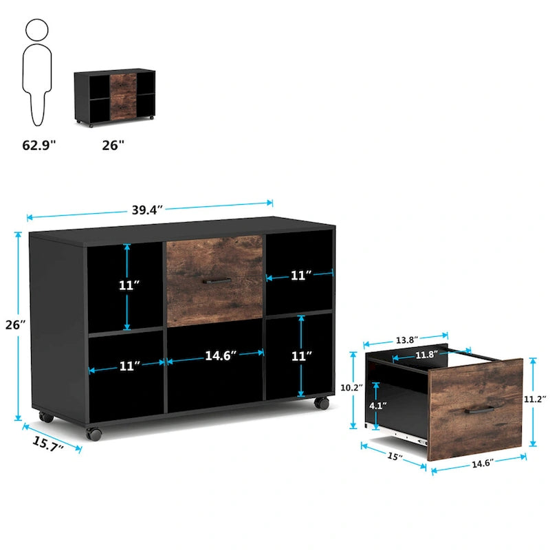Black/ White Modern File Cabinet with 2 Drawers and 4 Open Shelves Wood Office Storage Cabinet 5