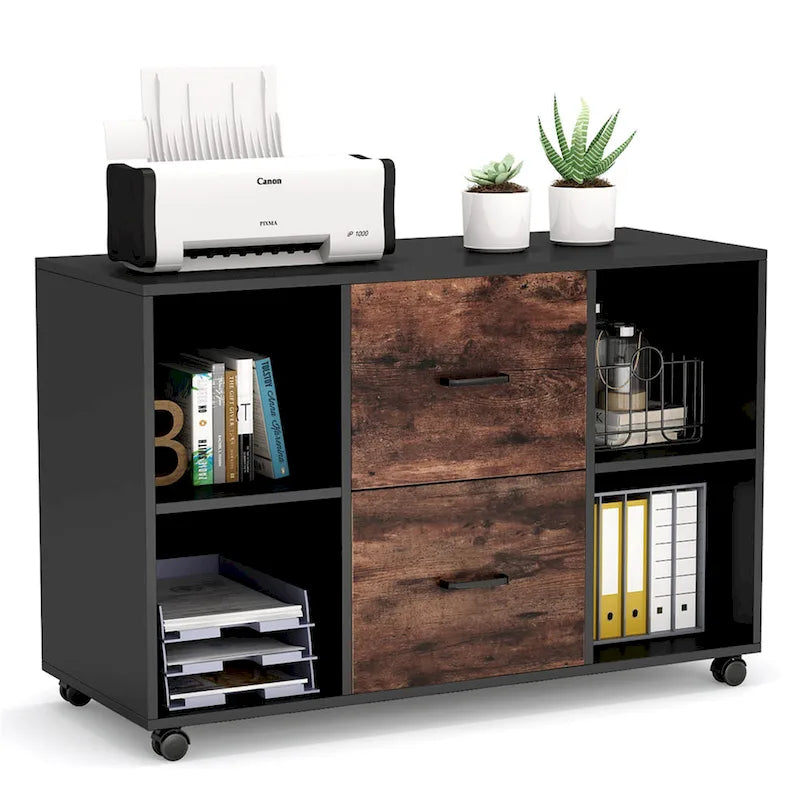 Black/ White Modern File Cabinet with 2 Drawers and 4 Open Shelves Wood Office Storage Cabinet 6