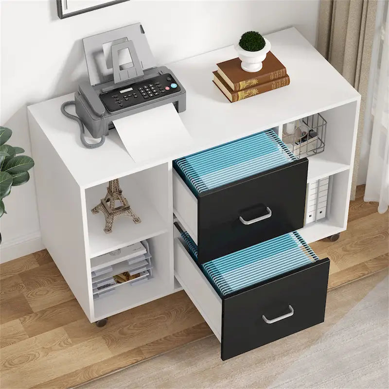 Black/ White Modern File Cabinet with 2 Drawers and 4 Open Shelves Wood Office Storage Cabinet 7