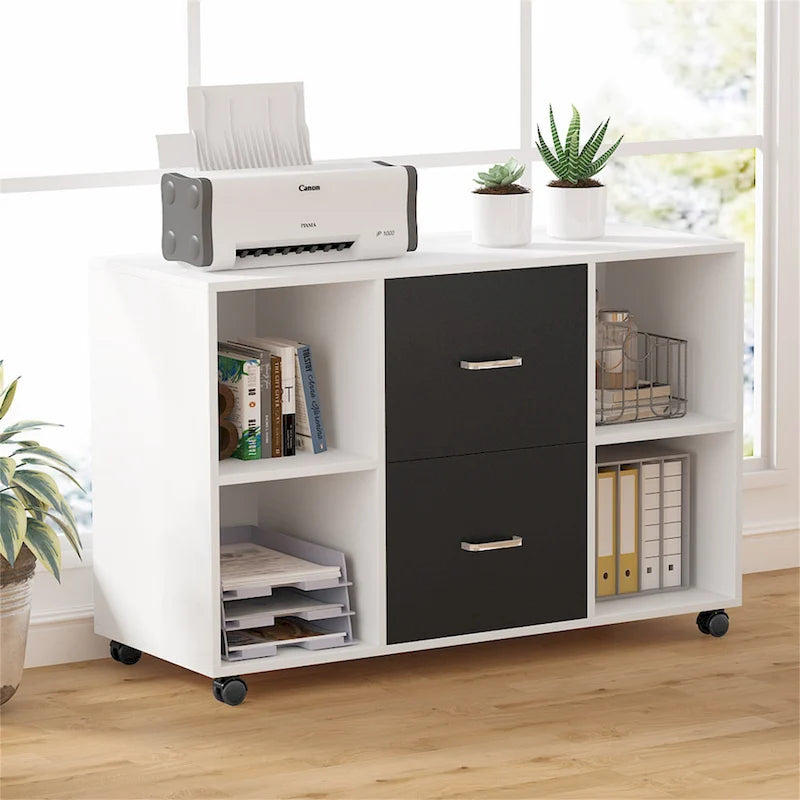 Black/ White Modern File Cabinet with 2 Drawers and 4 Open Shelves Wood Office Storage Cabinet 8