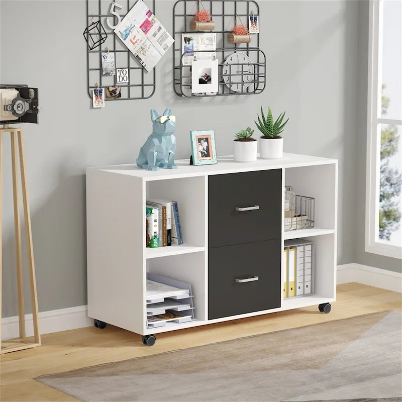 Black/ White Modern File Cabinet with 2 Drawers and 4 Open Shelves Wood Office Storage Cabinet 9