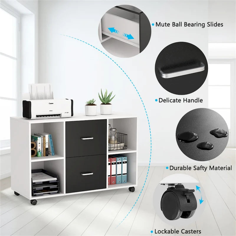 Black/ White Modern File Cabinet with 2 Drawers and 4 Open Shelves Wood Office Storage Cabinet 10