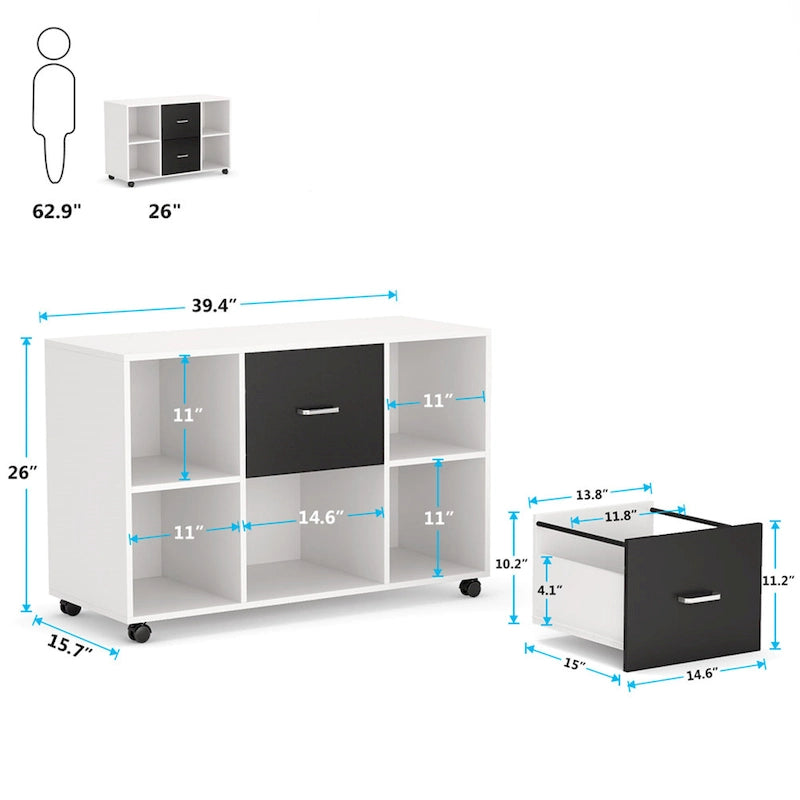 Black/ White Modern File Cabinet with 2 Drawers and 4 Open Shelves Wood Office Storage Cabinet 11