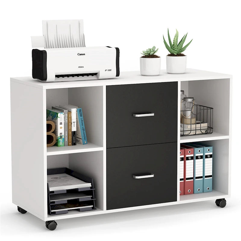 Black/ White Modern File Cabinet with 2 Drawers and 4 Open Shelves Wood Office Storage Cabinet 12
