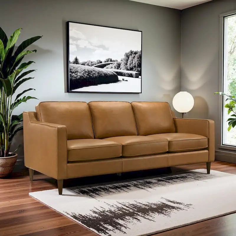 Madeline Mid Century Modern Furniture Genuine Leather Couches in Cognac Tan 3