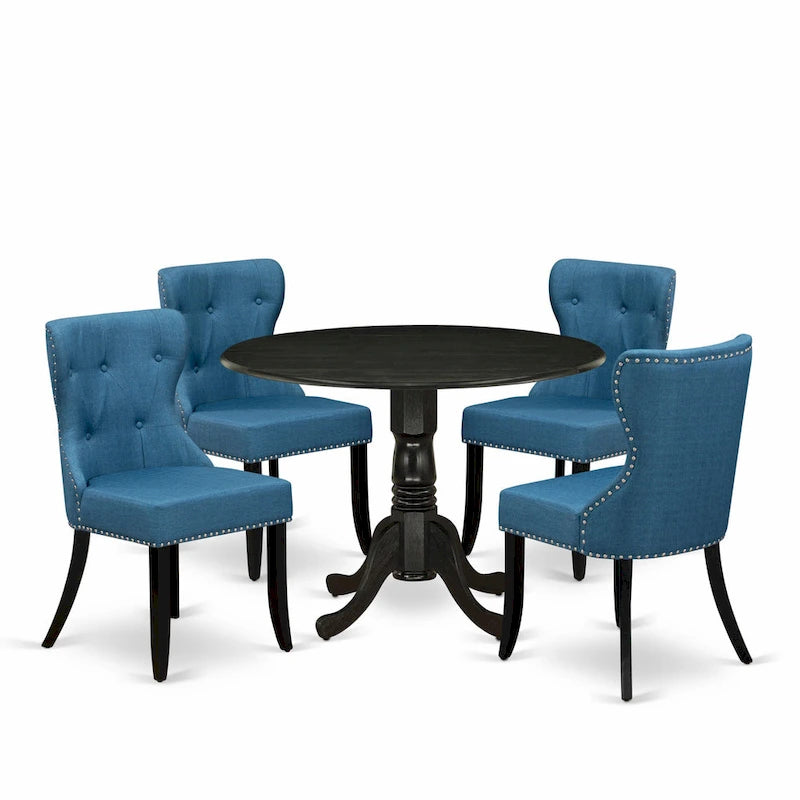 Set da Tavolo da Cucina East West Furniture - un Tavolo da Pranzo Rotondo e Sedie in Tessuto di Lino Blu, Nero Spazzolato (Opzione Pezzi)