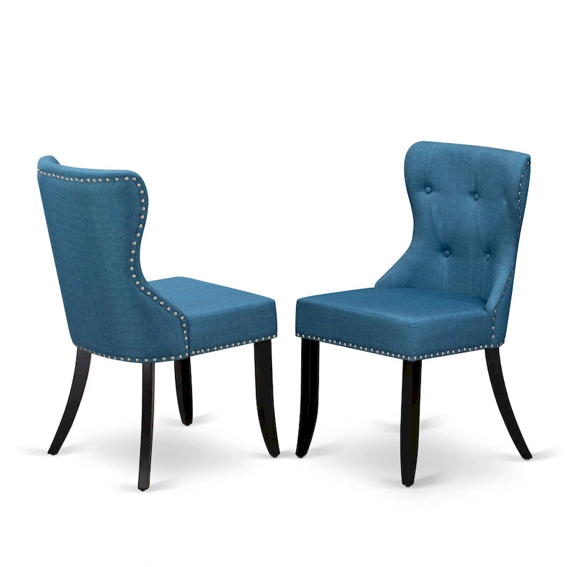 East West Furniture Kitchen Table Set- a Round Dining Table and Blue Linen Fabric Chairs, Wire brushed Black (Pieces Option) 5