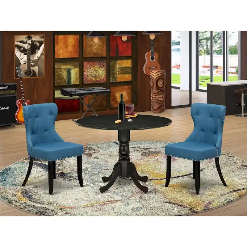 East West Furniture Kitchen Table Set- a Round Dining Table and Blue Linen Fabric Chairs, Wire brushed Black (Pieces Option) 12