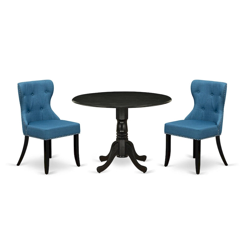 East West Furniture Kitchen Table Set- a Round Dining Table and Blue Linen Fabric Chairs, Wire brushed Black (Pieces Option) 13