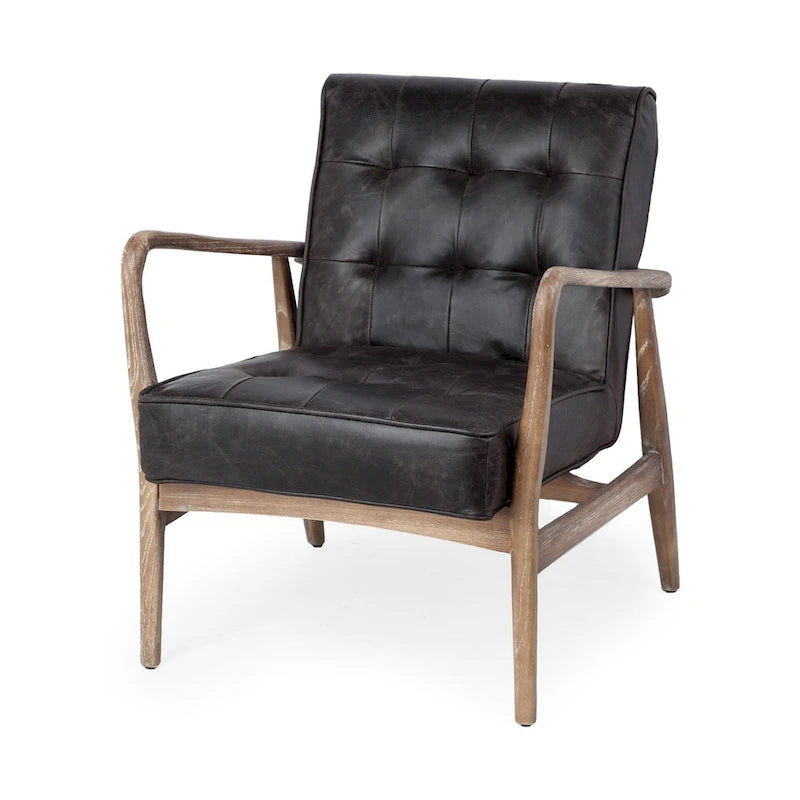 Phineas Black Genuine Leather & Brown Solid Wood Frame Accent Chair 3