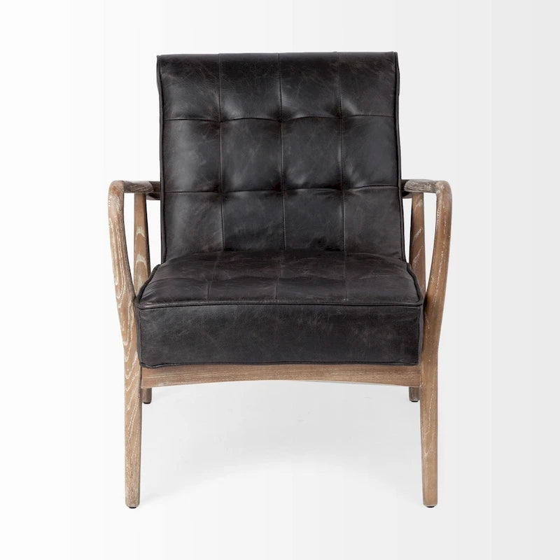 Phineas Black Genuine Leather & Brown Solid Wood Frame Accent Chair 4