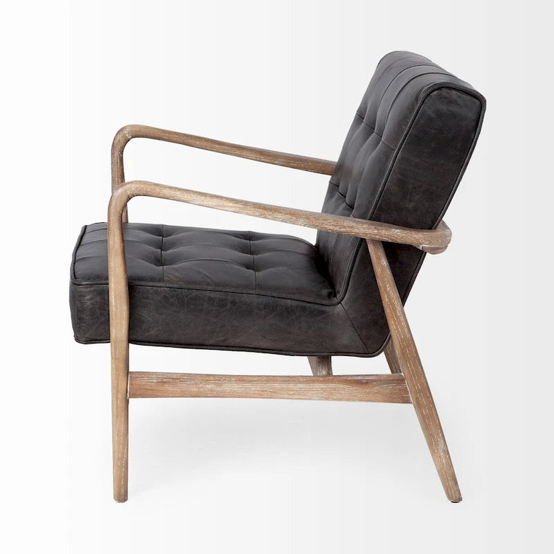 Phineas Black Genuine Leather & Brown Solid Wood Frame Accent Chair 5