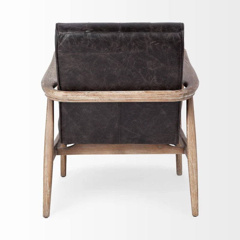 Phineas Black Genuine Leather & Brown Solid Wood Frame Accent Chair 6