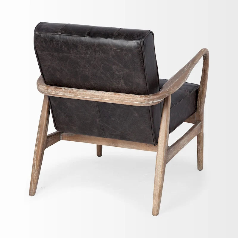 Phineas Black Genuine Leather & Brown Solid Wood Frame Accent Chair 7