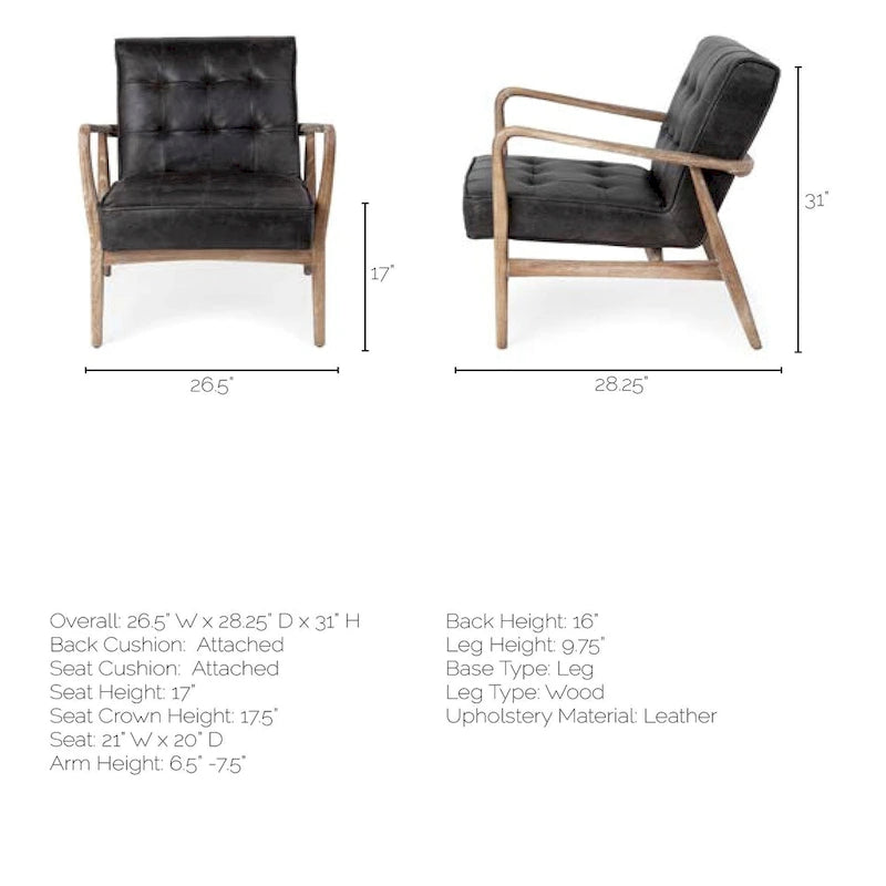 Phineas Black Genuine Leather & Brown Solid Wood Frame Accent Chair 11