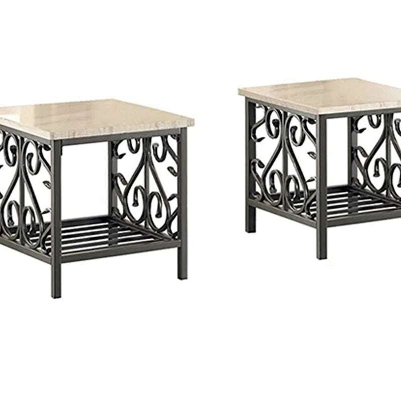 3 Piece Faux Marble Top Table Set With Decorative Metal Frame, Cream & Gray 3