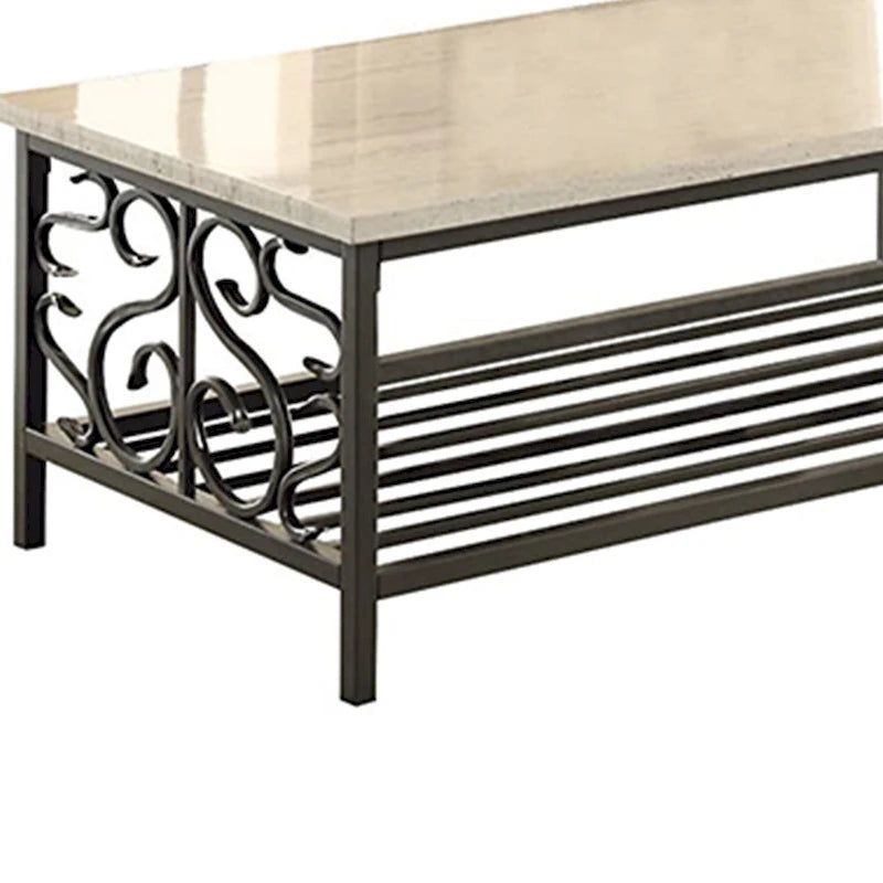 3 Piece Faux Marble Top Table Set With Decorative Metal Frame, Cream & Gray 4