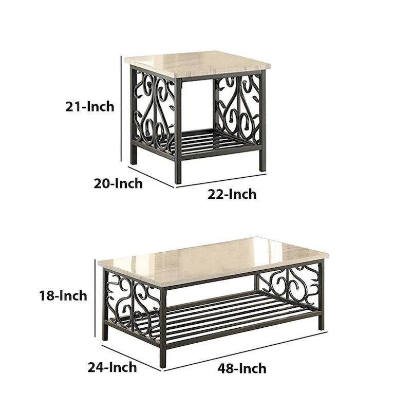 3 Piece Faux Marble Top Table Set With Decorative Metal Frame, Cream & Gray 5