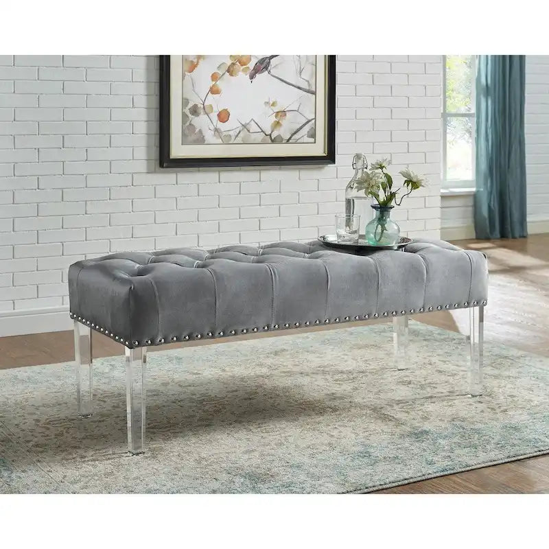 Roundhill Furniture Valley Button tufted Velvet Upholstered Bench with Acrylic Leg 5