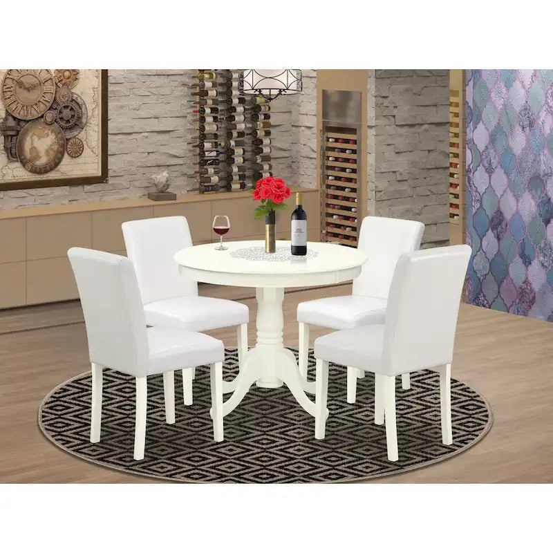 East West Furniture Dining Table Set- A Round Kitchen Table and White Faux Leather Parson Chairs, Linen White (Pieces Options) 10