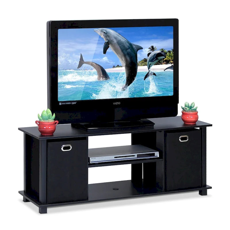 Porch & Den Tompkins Black MDF Entertainment Center with Storage Bins 20