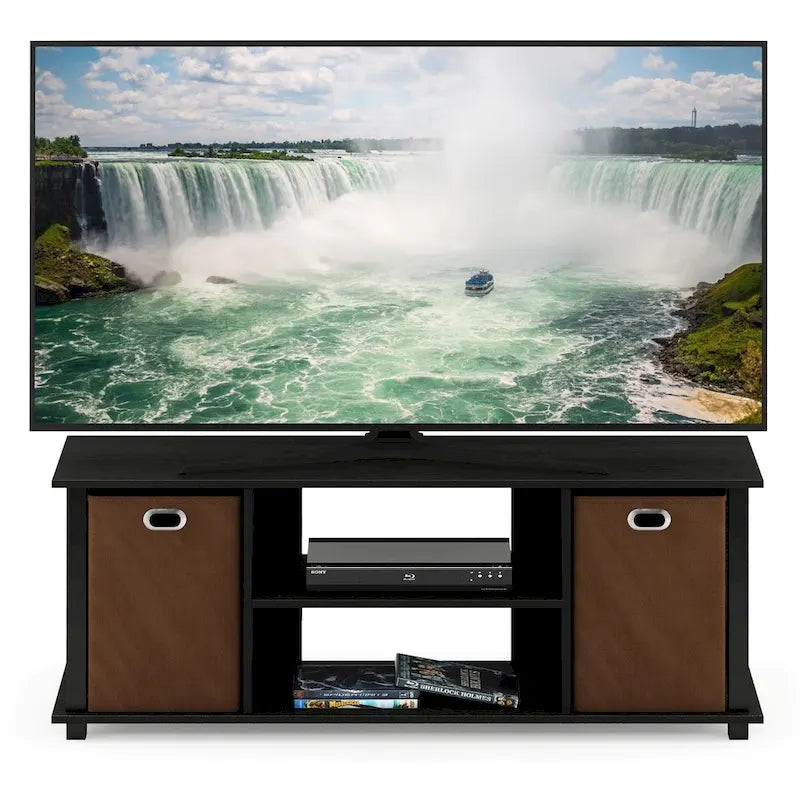 Porch & Den Tompkins Black MDF Entertainment Center with Storage Bins 23