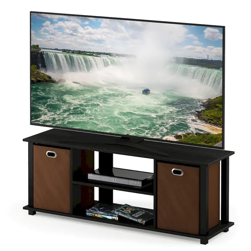 Porch & Den Tompkins Black MDF Entertainment Center with Storage Bins 7