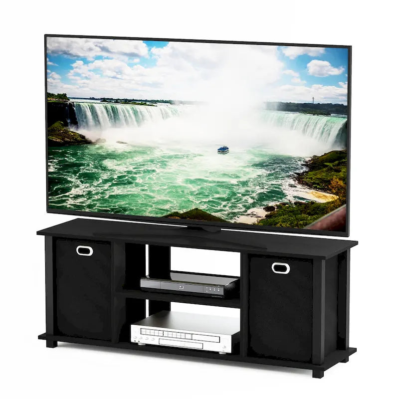 Porch & Den Tompkins Black MDF Entertainment Center with Storage Bins 10