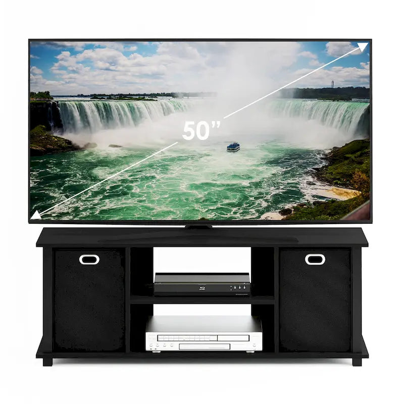 Porch & Den Tompkins Black MDF Entertainment Center with Storage Bins 11