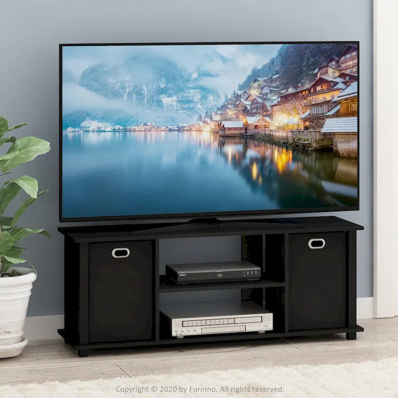Porch & Den Tompkins Black MDF Entertainment Center with Storage Bins 12