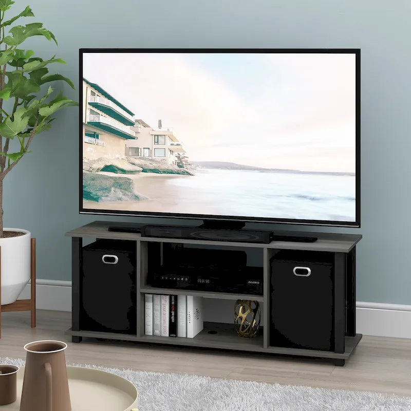 Porch & Den Tompkins Black MDF Entertainment Center with Storage Bins 19