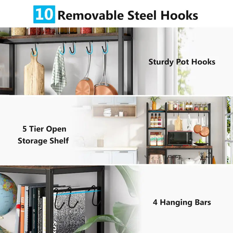 43 inch Kitchen Bakers Rack with Microwave Stand 5-Tier Kitchen Utility Storage Shelf Rack and10 Hooks for Kitchen Living Room 6