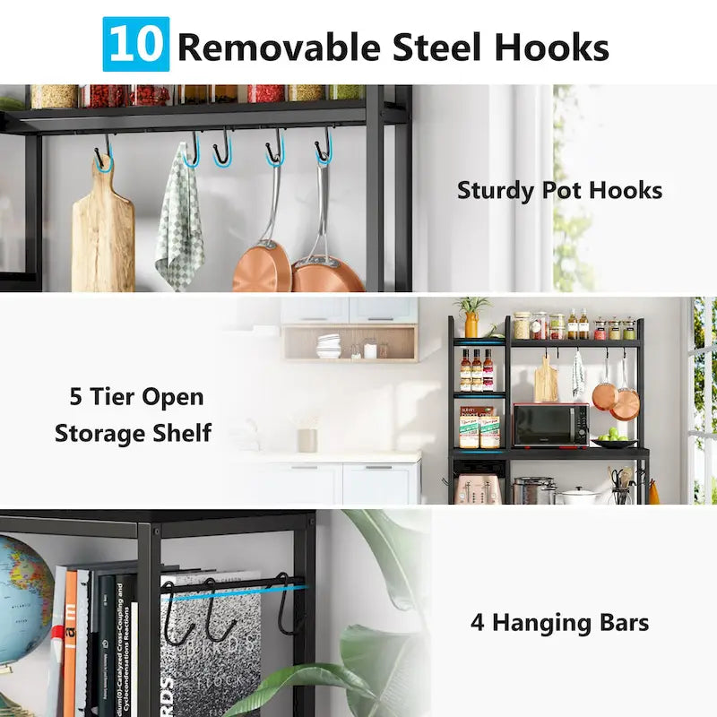 43 inch Kitchen Bakers Rack with Microwave Stand 5-Tier Kitchen Utility Storage Shelf Rack and10 Hooks for Kitchen Living Room 13