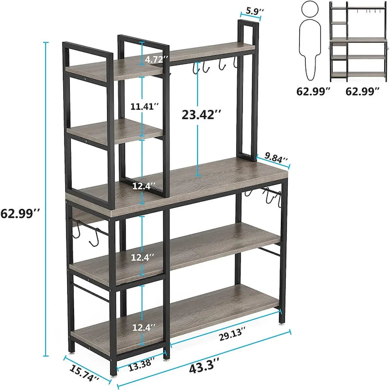 43 inch Kitchen Bakers Rack with Microwave Stand 5-Tier Kitchen Utility Storage Shelf Rack and10 Hooks for Kitchen Living Room 16