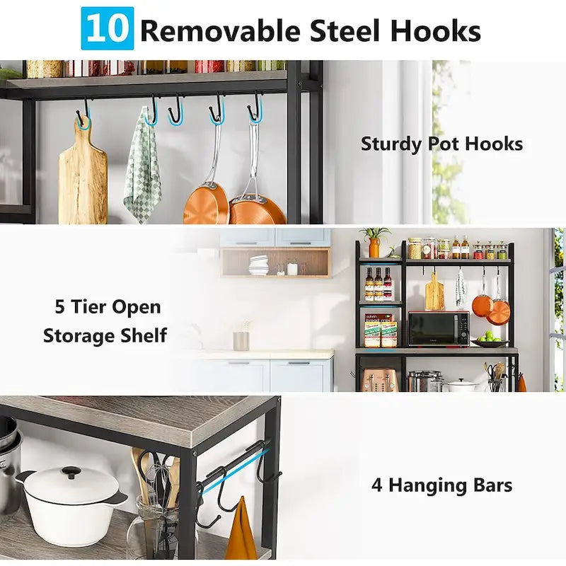 43 inch Kitchen Bakers Rack with Microwave Stand 5-Tier Kitchen Utility Storage Shelf Rack and10 Hooks for Kitchen Living Room 20