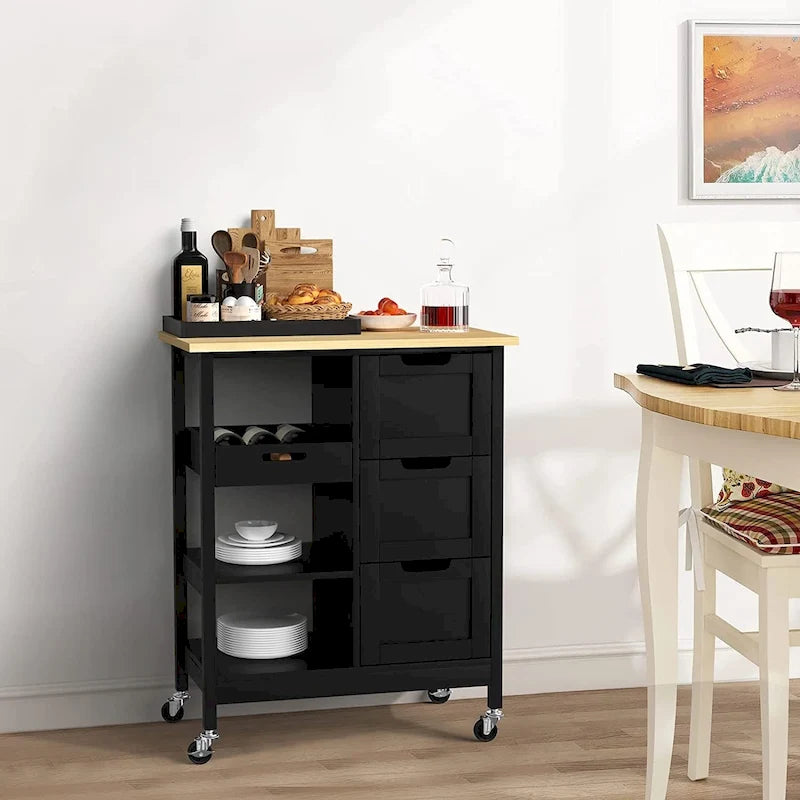 Kleio Solid Wood Top Kitchen Island Storage Cart with 3 Drawers Rolling Serving Trolley Cart 15