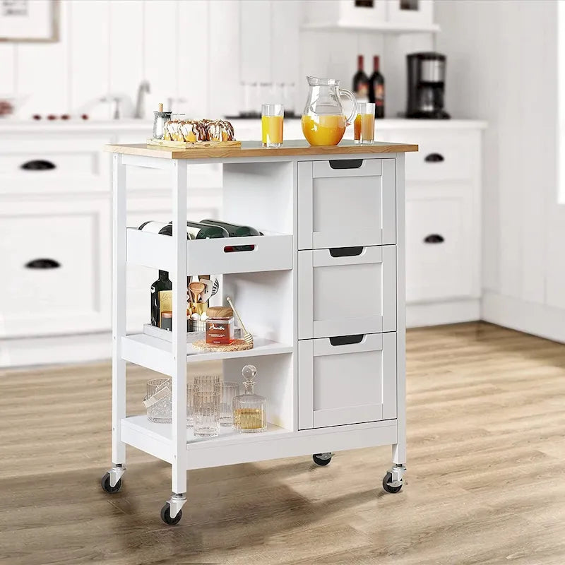 Kleio Solid Wood Top Kitchen Island Storage Cart with 3 Drawers Rolling Serving Trolley Cart 16