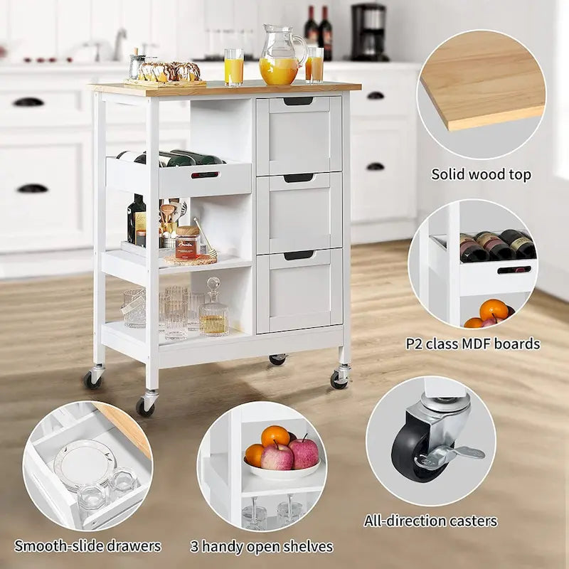 Kleio Solid Wood Top Kitchen Island Storage Cart with 3 Drawers Rolling Serving Trolley Cart 3