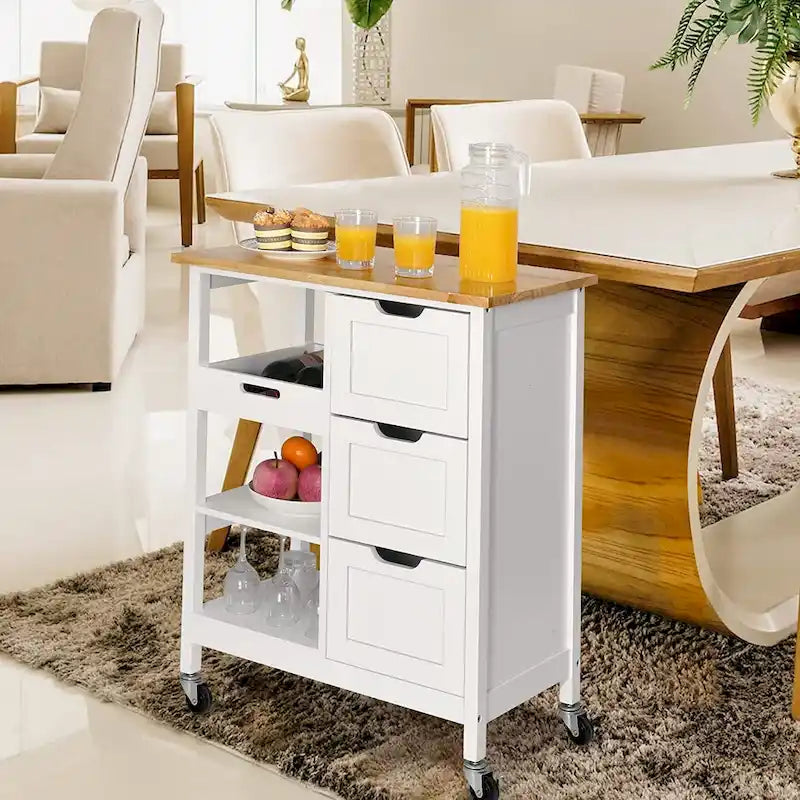 Kleio Solid Wood Top Kitchen Island Storage Cart with 3 Drawers Rolling Serving Trolley Cart 6