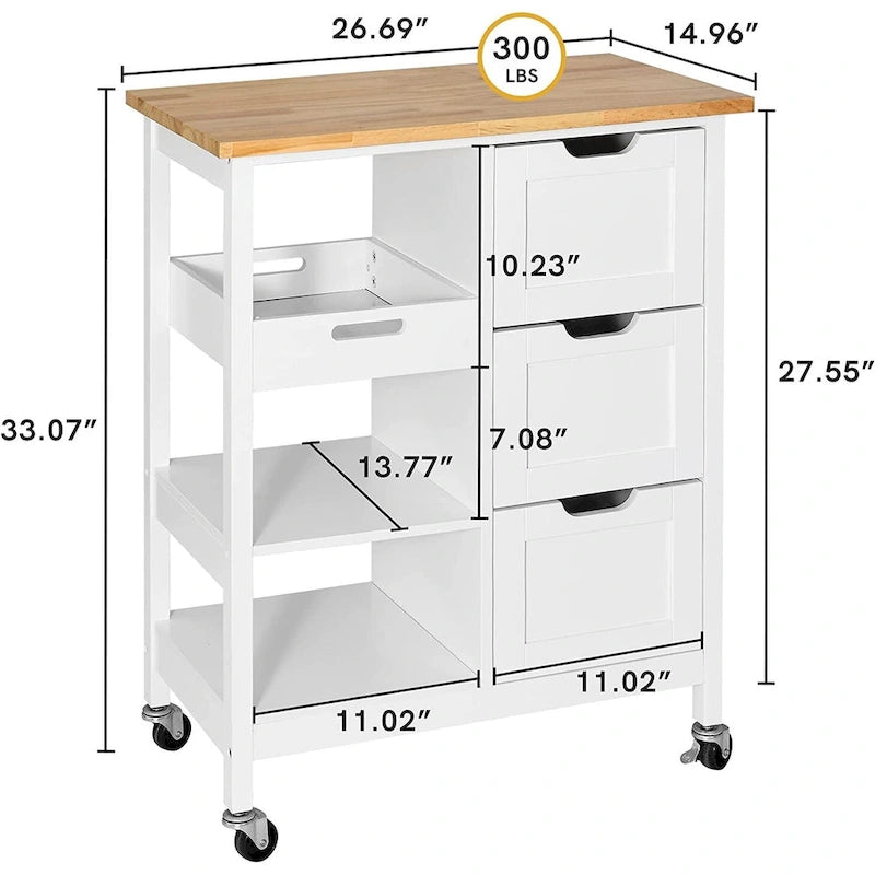 Kleio Solid Wood Top Kitchen Island Storage Cart with 3 Drawers Rolling Serving Trolley Cart 7