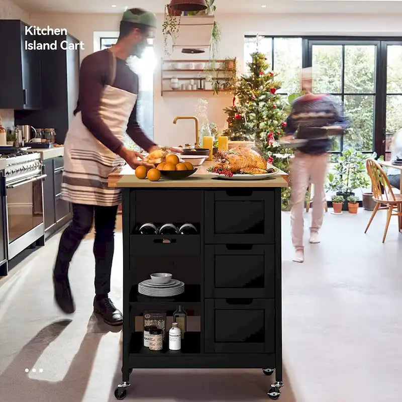Kleio Solid Wood Top Kitchen Island Storage Cart with 3 Drawers Rolling Serving Trolley Cart 9