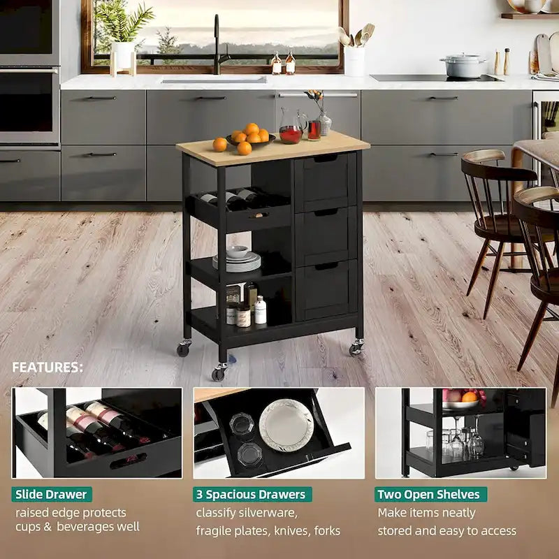 Kleio Solid Wood Top Kitchen Island Storage Cart with 3 Drawers Rolling Serving Trolley Cart 10