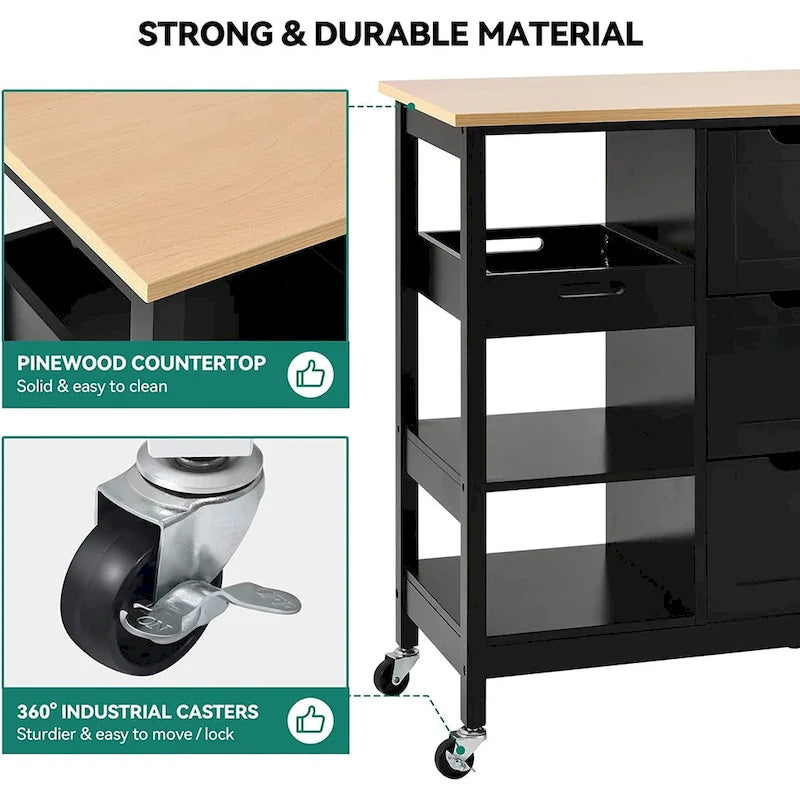 Kleio Solid Wood Top Kitchen Island Storage Cart with 3 Drawers Rolling Serving Trolley Cart 11