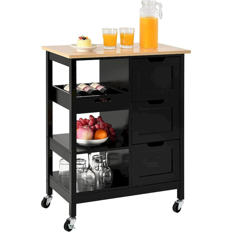 Kleio Solid Wood Top Kitchen Island Storage Cart with 3 Drawers Rolling Serving Trolley Cart 12