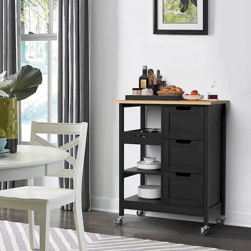 Kleio Solid Wood Top Kitchen Island Storage Cart with 3 Drawers Rolling Serving Trolley Cart 13